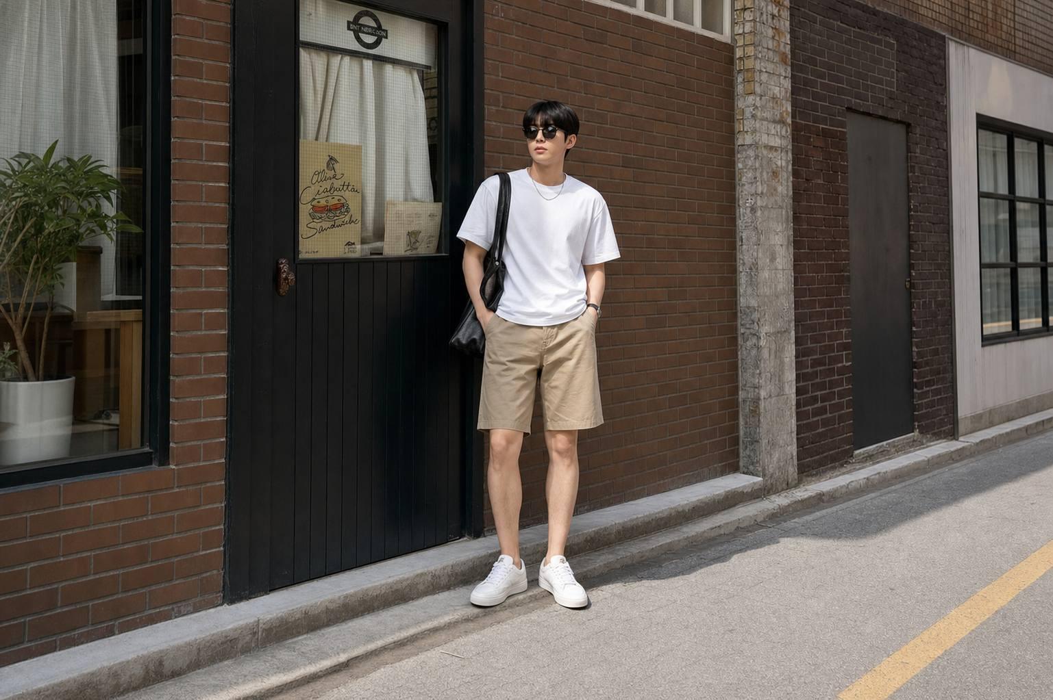 Áo thun trơn phối quần short kaki cho nam mùa hè