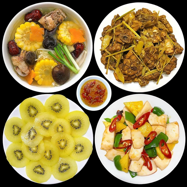 Bữa cơm nhà đủ canh, rau, thịt cho gia đình 4 người