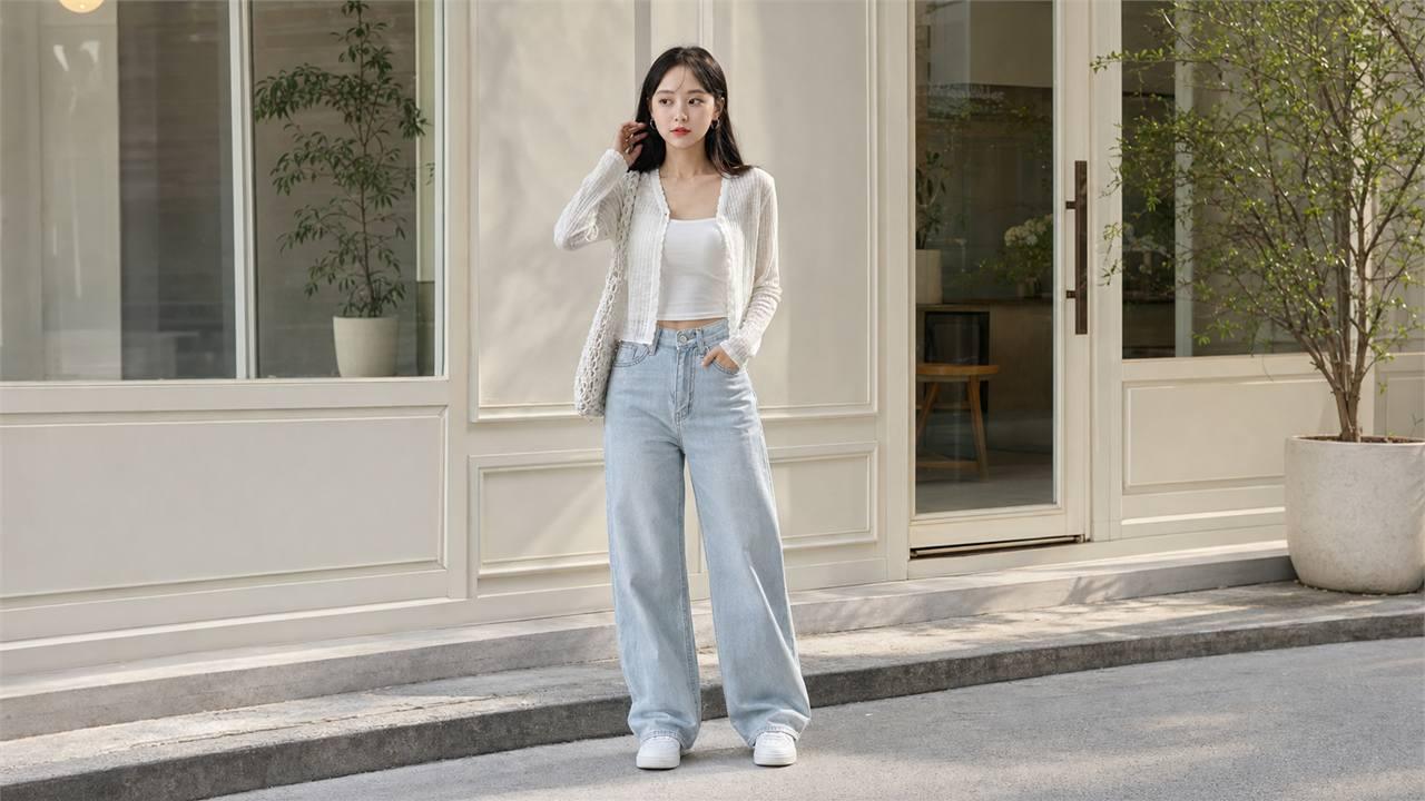 Áo len cardigan ngắn phối quần jeans cạp cao để kéo dài chân