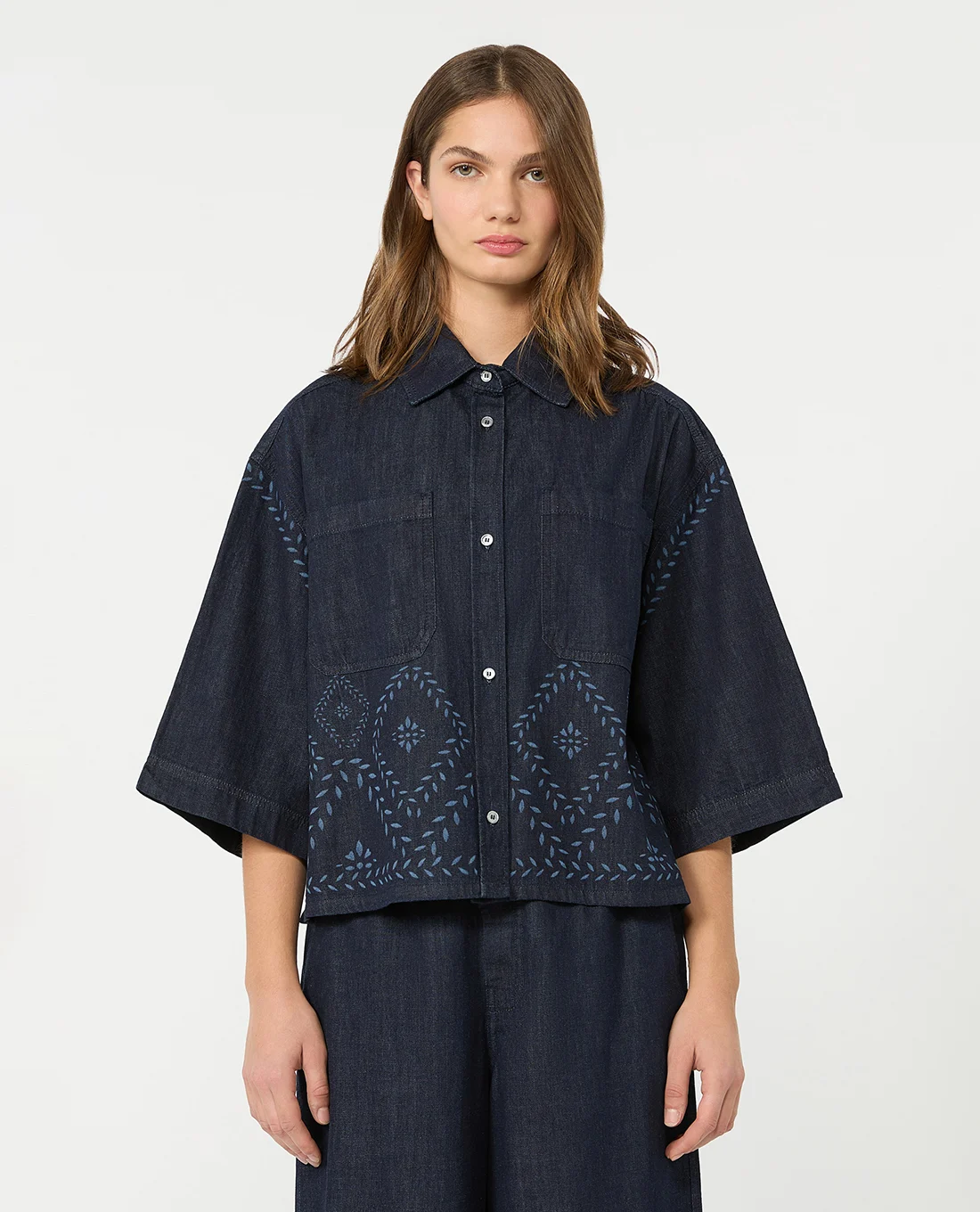 WEEKEND MAX MARA áo sơ mi denim nữ cổ bẻ tay lửng Wkdalare