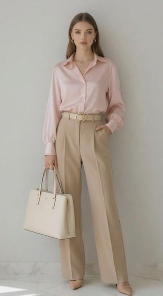 Sơ mi lụa + quần tây be + tote màu kem