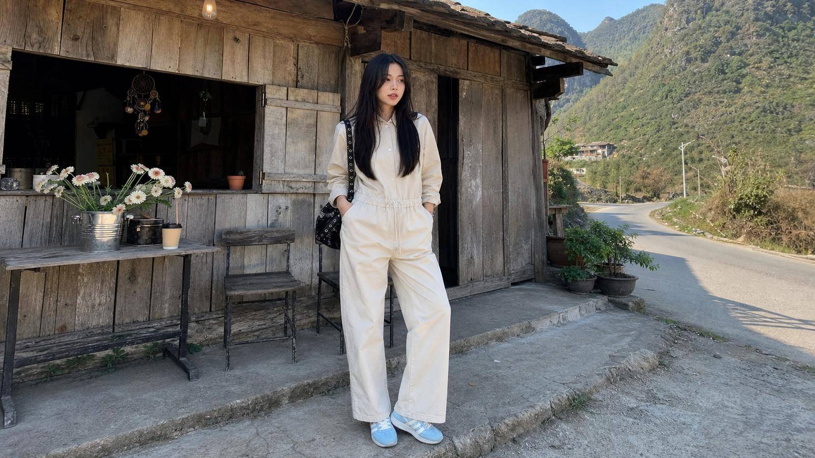 Jumpsuit dài tay chất nhẹ phối sneaker hoặc boots thấp