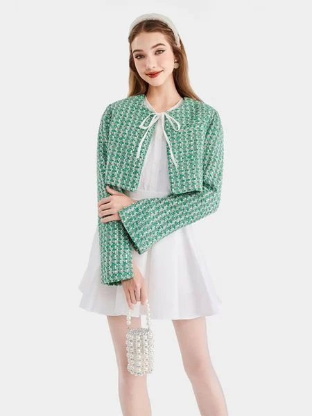 Áo khoác form ngắn vải tweed cổ tròn tay xẻ