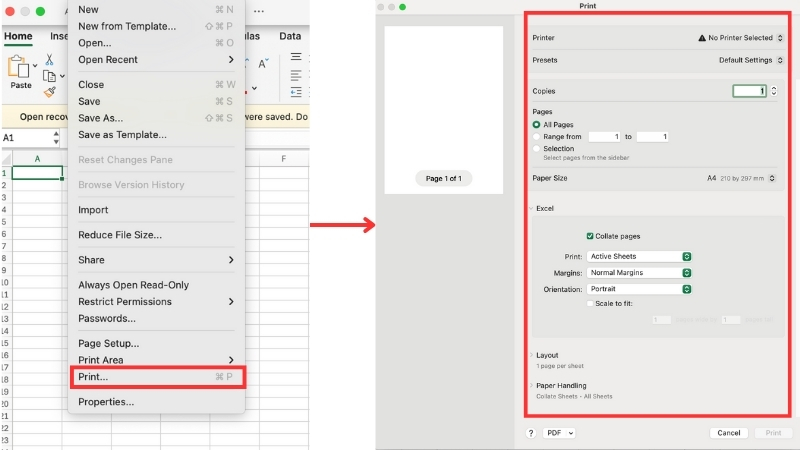 In bảng tính từ Excel