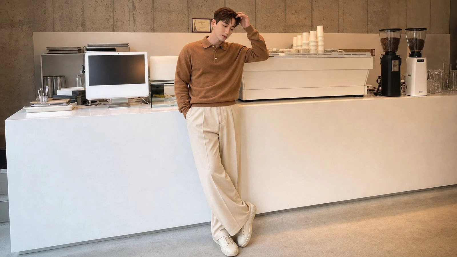 Polo nâu hoặc camel phối quần sáng màu