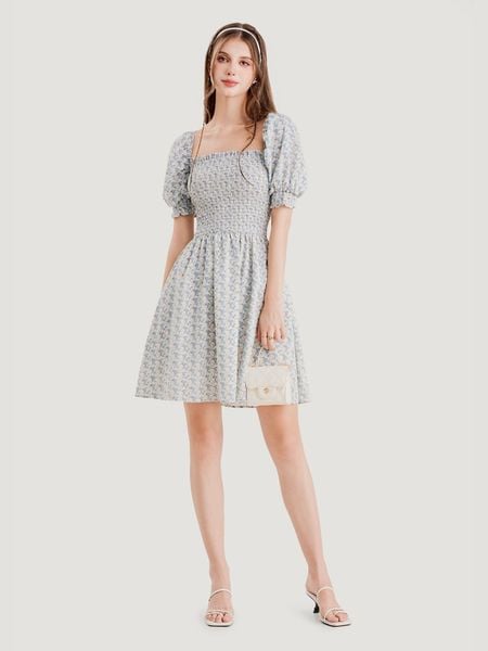 Đầm hoa mini cổ vuông tay phồng smocking