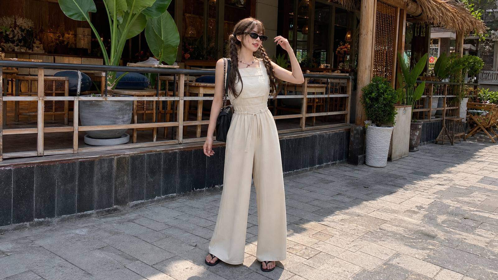 Jumpsuit dài ống suông cho quán cafe hoặc bữa tối ở Nha Trang