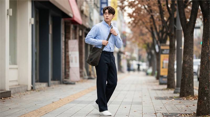 Quần ống rộng kết hợp áo sơ mi sơ vin