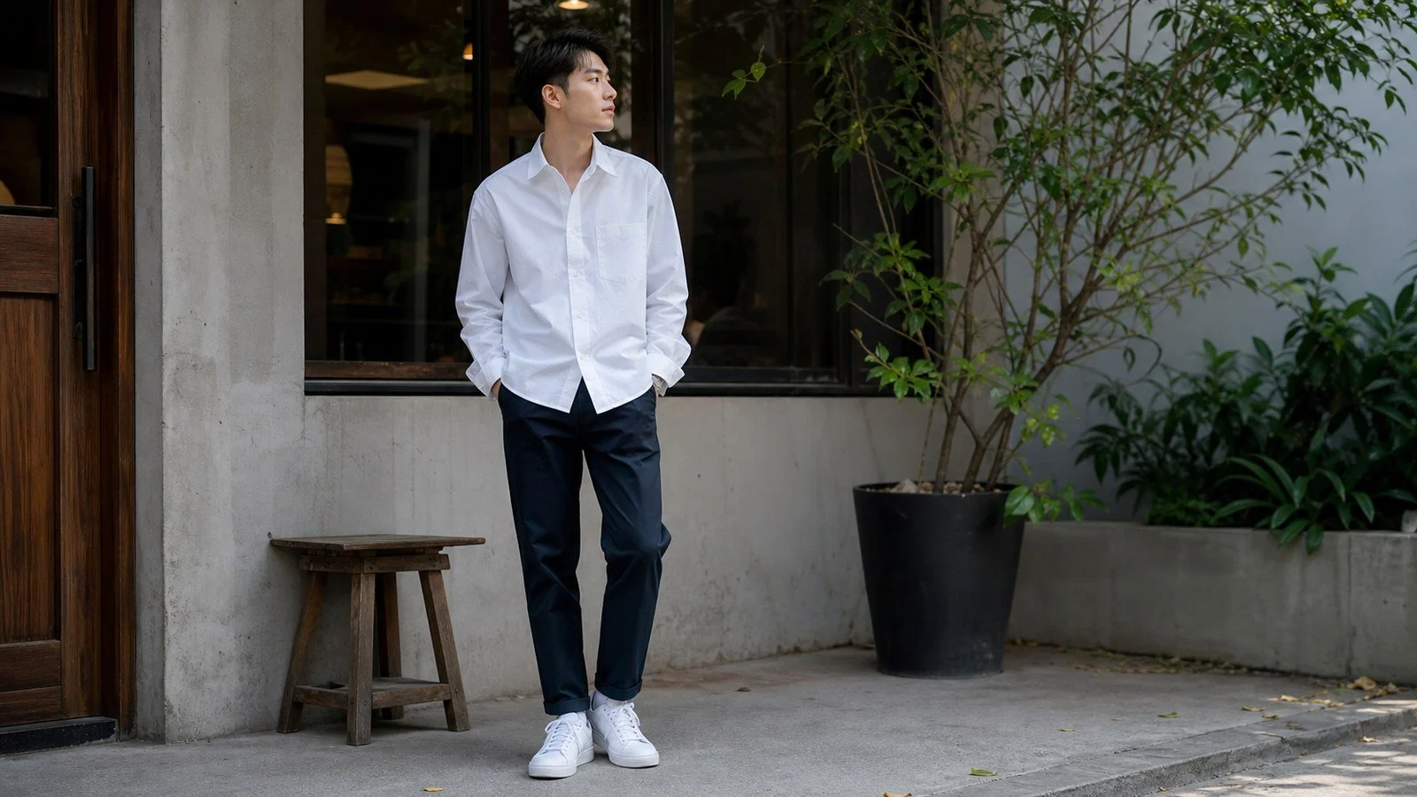 Sneaker trắng hoặc sneaker da tối giản với áo sơ mi trắng nam