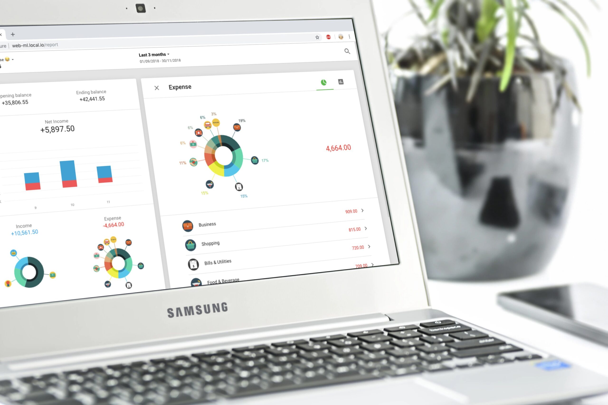 Giao diện quản lý tài chính cá nhân trên ứng dụng di động với biểu đồ chi tiết