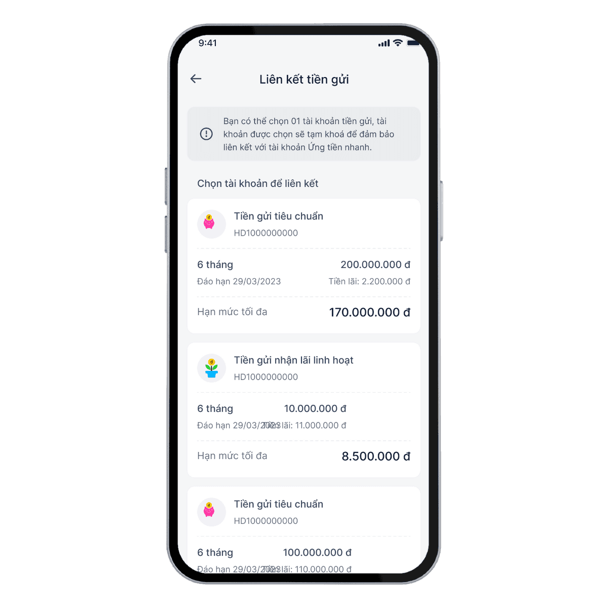 Chọn khoản tiết kiệm muốn liên kết để làm tài sản bảo đảm