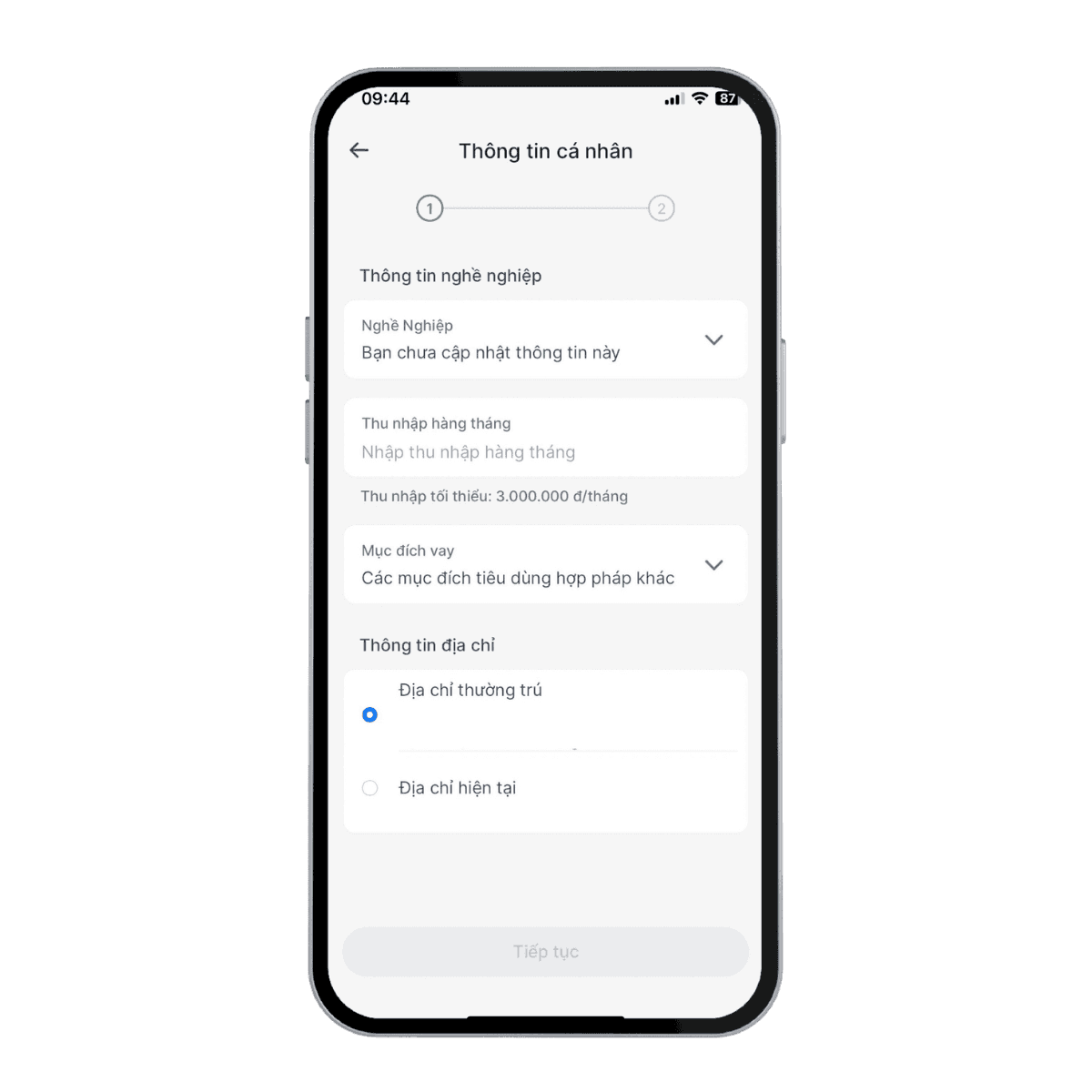 Nhập thông tin cá nhân và tài chính để hoàn tất hồ sơ