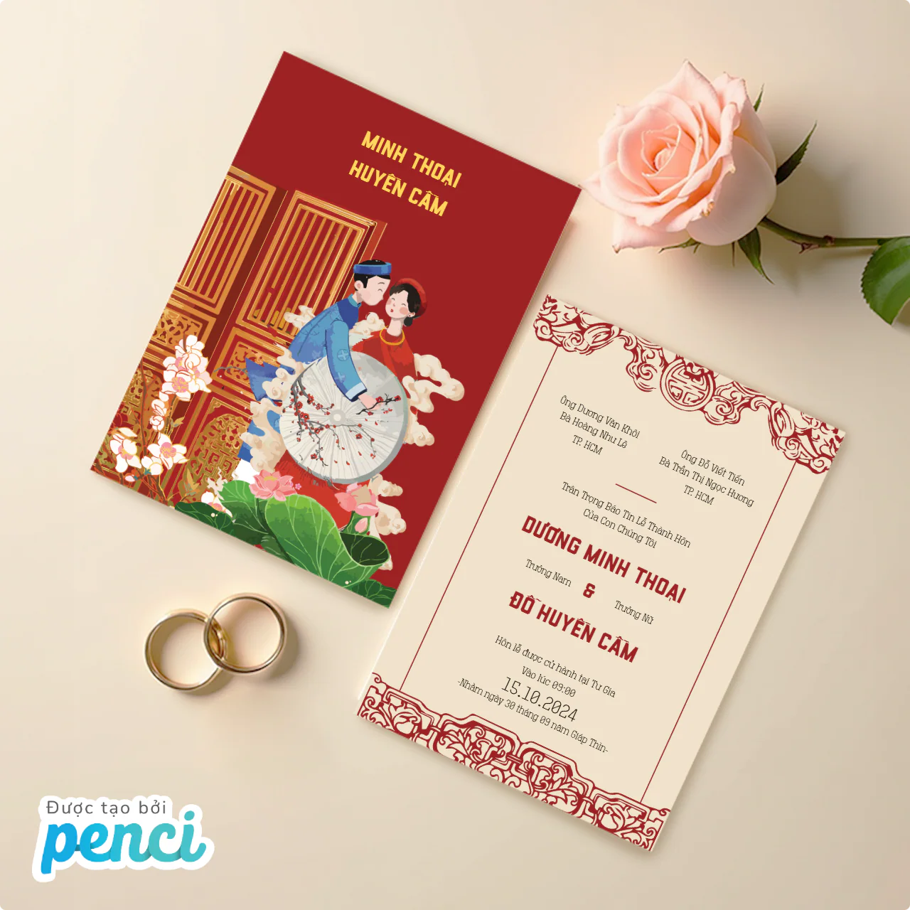 Thiệp cưới phong cách dân gian Việt Nam tinh tế và trang trọng