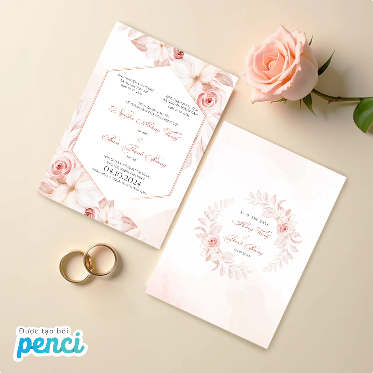 Thiệp cưới lãng mạn với họa tiết hoa tinh tế