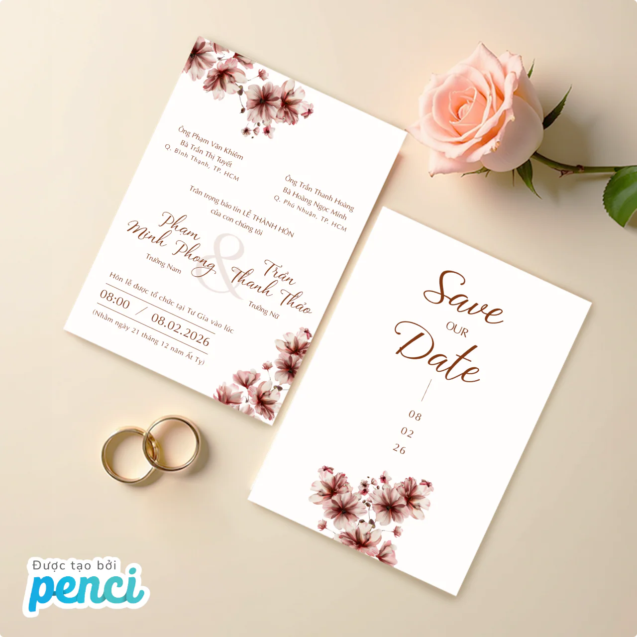 Thiệp cưới pastel với họa tiết hoa mầu nước tinh tế