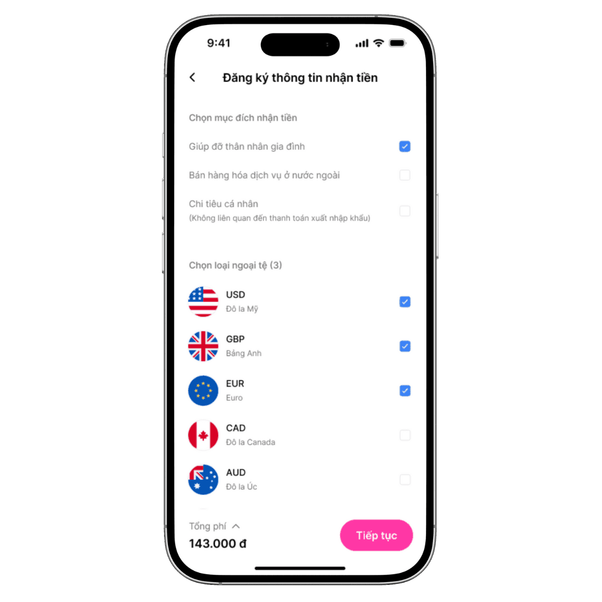 Bước 2-3: Chọn ngoại tệ và xác nhận đăng ký
