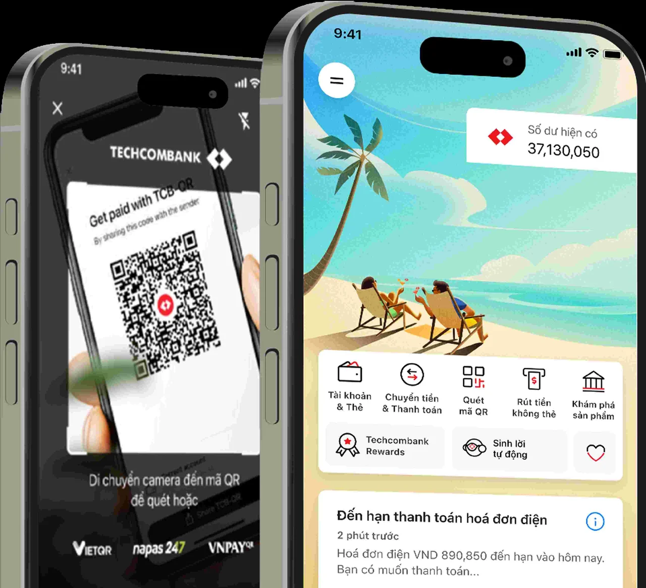 Màn hình chính ứng dụng ngân hàng số với các chức năng thanh toán và chuyển tiền