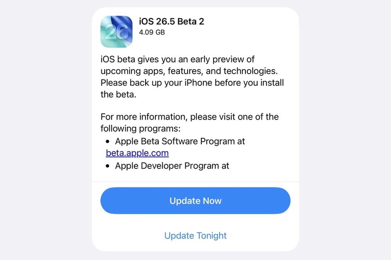 Màn hình cài đặt iOS 26.5 Beta 2 trên iPhone