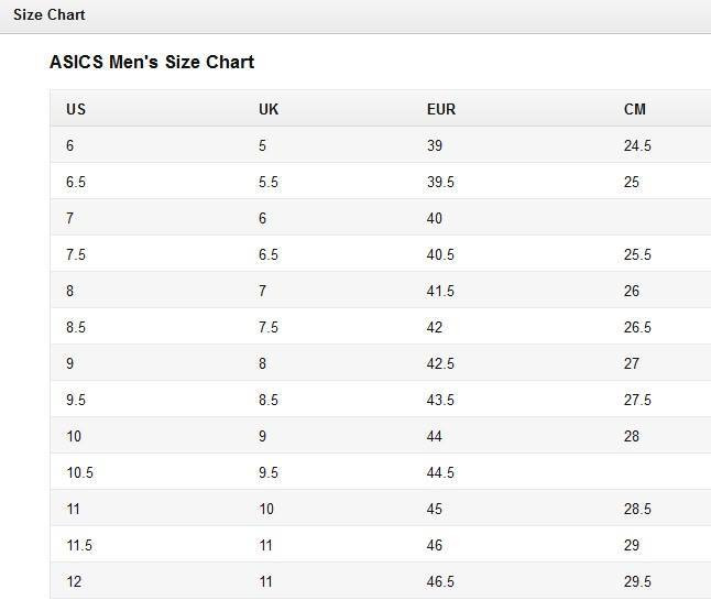 Bảng size giày Asics nam theo chuẩn quốc tế, giúp chọn size giày chạy bộ chính xác