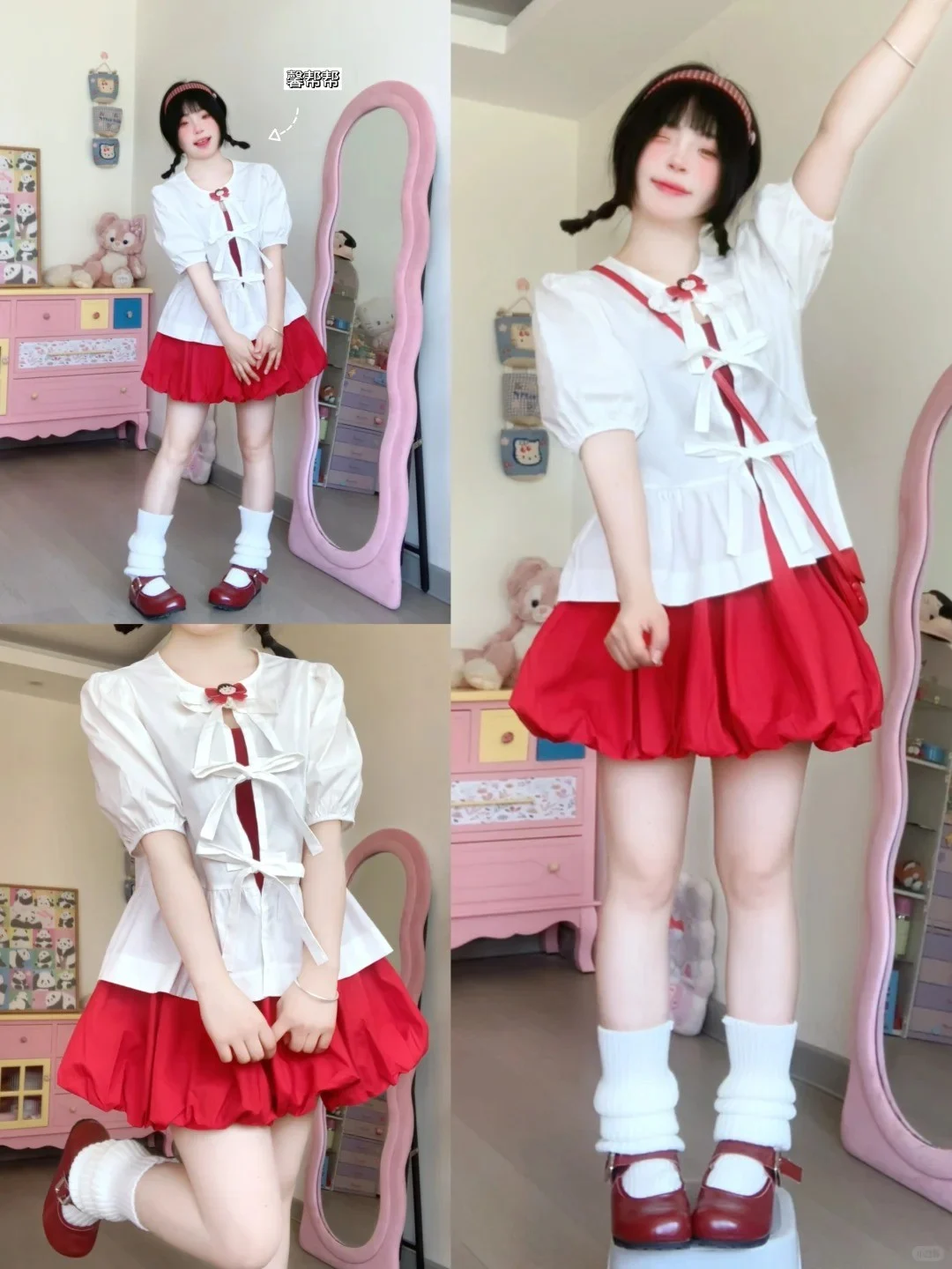 Áo blouse tay phồng kết hợp chân váy bí đỏ và tất ống nhún