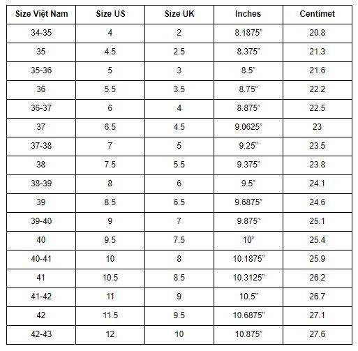 Bảng size giày chuẩn quốc tế giúp bạn dễ dàng đối chiếu và chọn size giày phù hợp