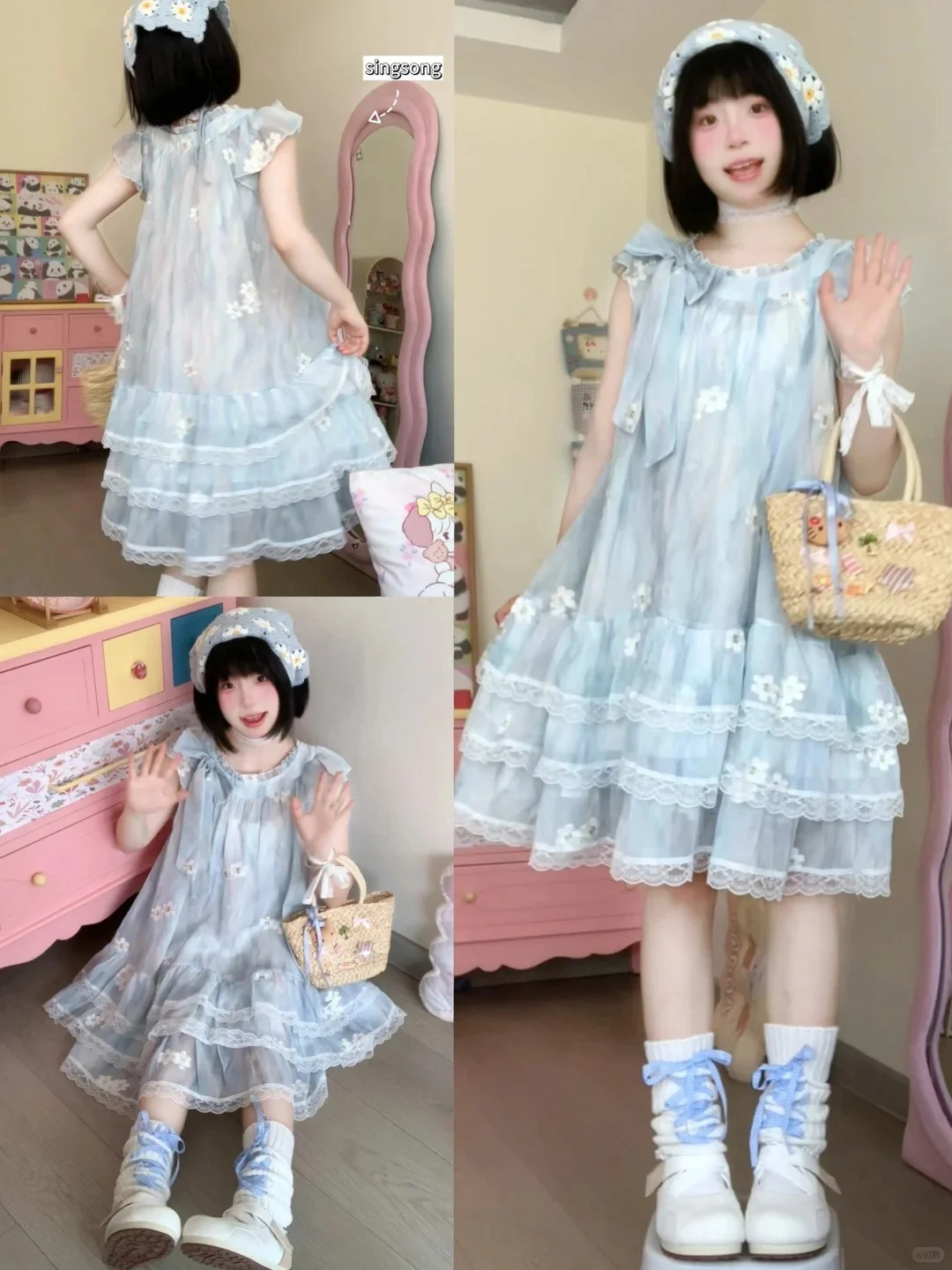 Váy voan hoa nhí kết hợp băng đô và giày đế bánh mì