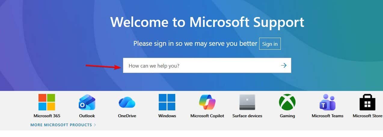 Giao diện tìm kiếm giải pháp trên trang Microsoft Support