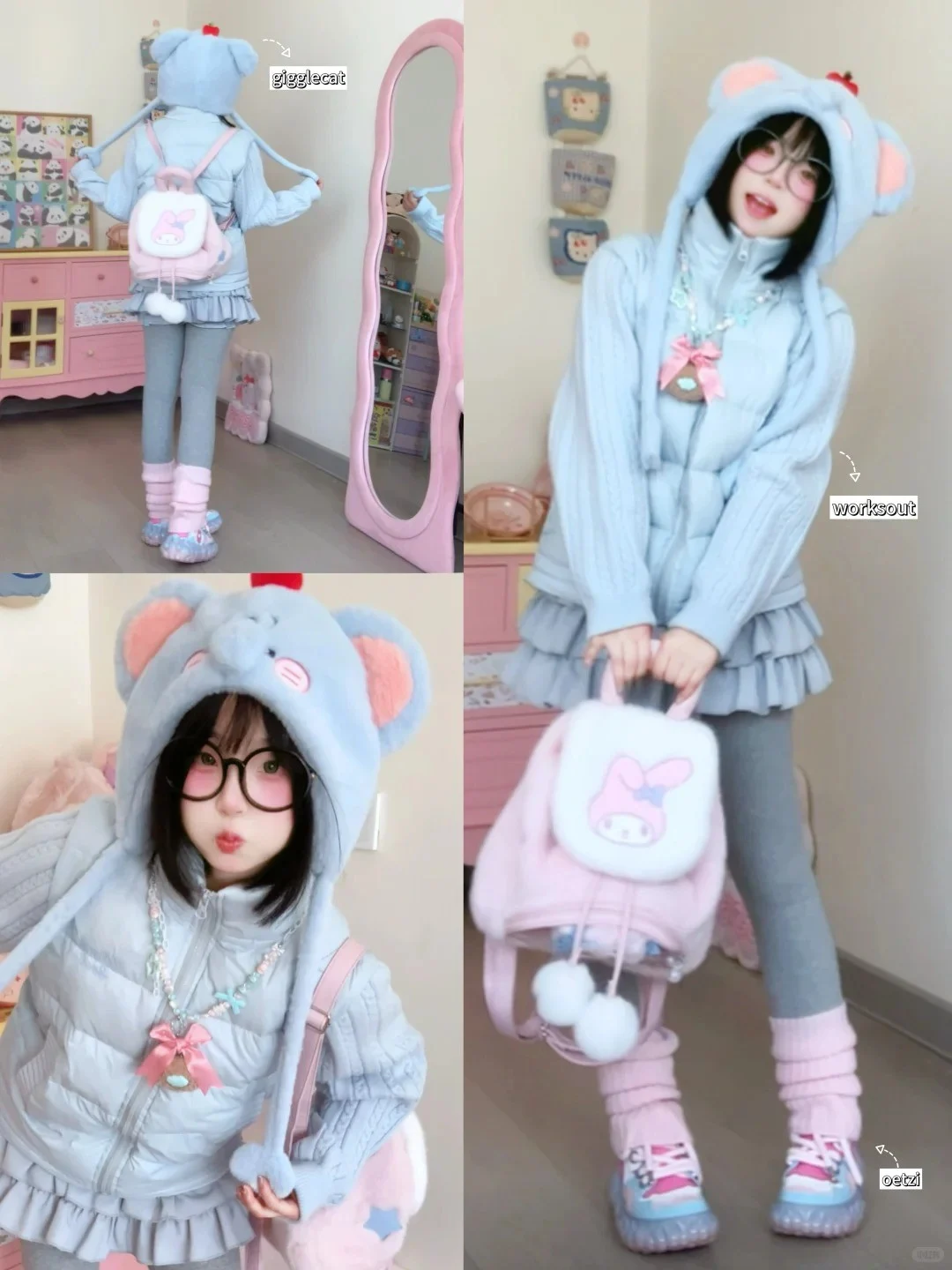Áo khoác phao tai gấu kết hợp chân váy xòe và ba lô My Melody