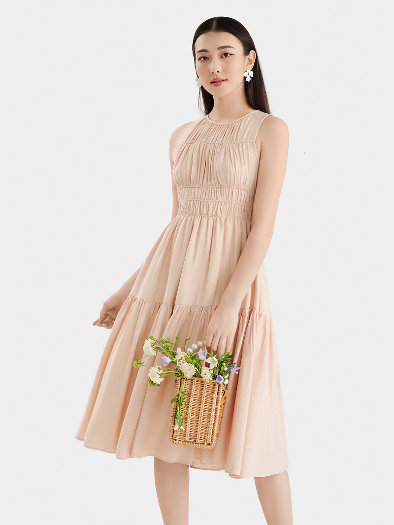 Đầm midi cổ thuyền tay phồng
