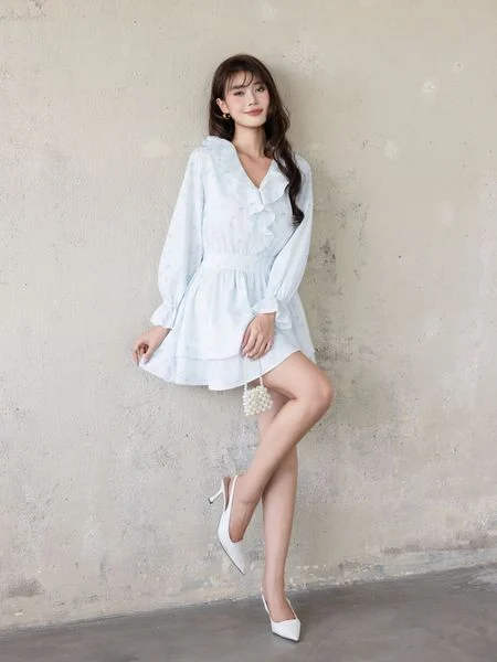 Đầm mini in hoa tay dài cổ phối bèo màu xanh dương
