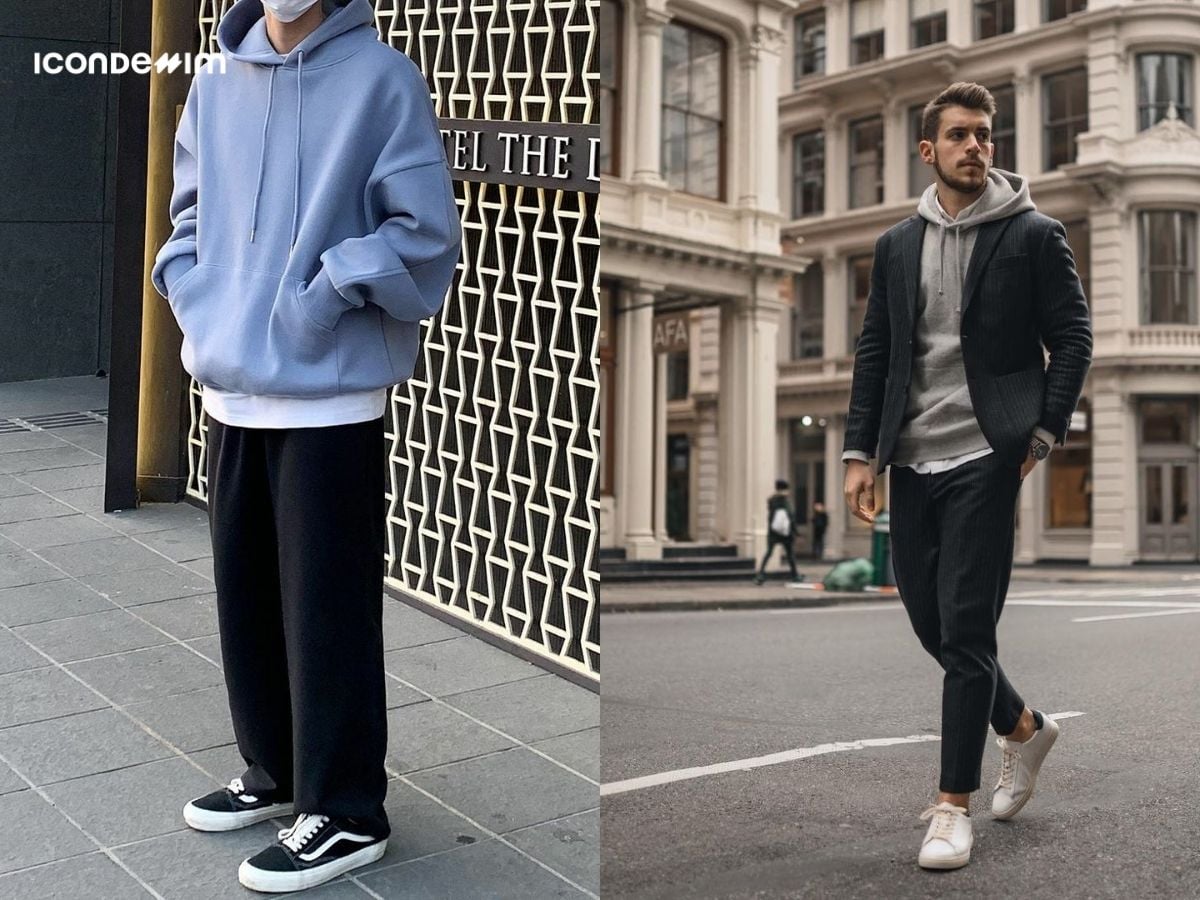 Diện áo hoodie với quần âu tạo thành set đồ cá tính, trẻ trung