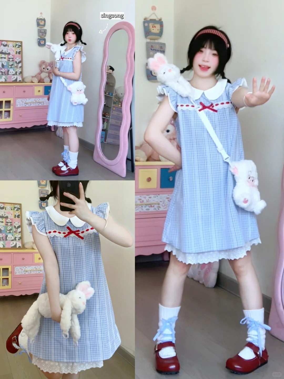 Váy baby doll kẻ caro xanh kết hợp giày Mary Jane và túi thú bông