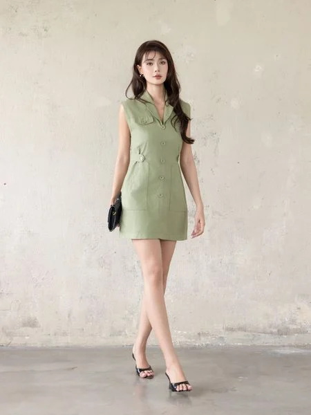 Đầm mini linen cổ V phối nút dọc màu xanh lá