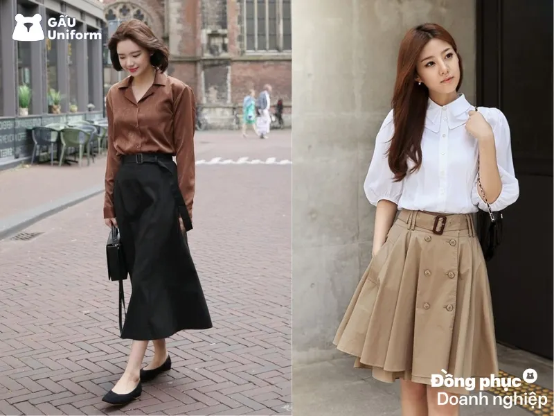 Phối đồ công sở không thể thiếu chân váy xòe và áo sơ mi nữ tính
