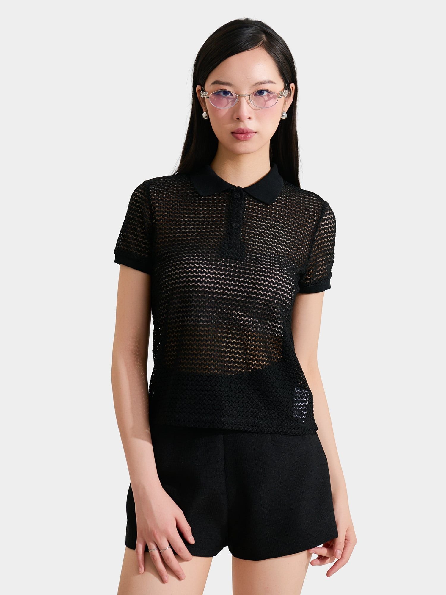 Áo thun polo dệt kim form cơ bản màu đen