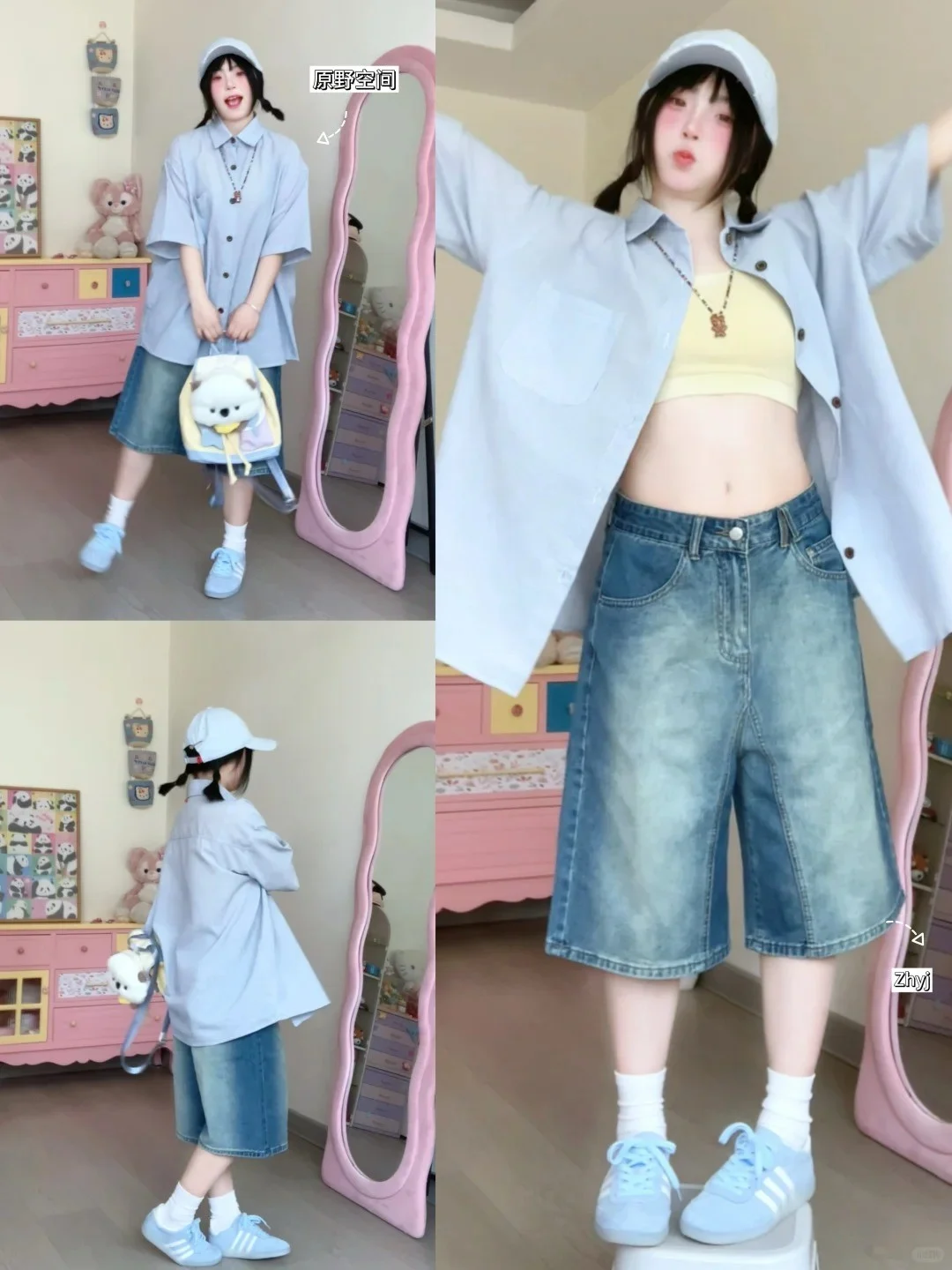 Áo sơ mi oversize kết hợp quần short jean và giày thể thao