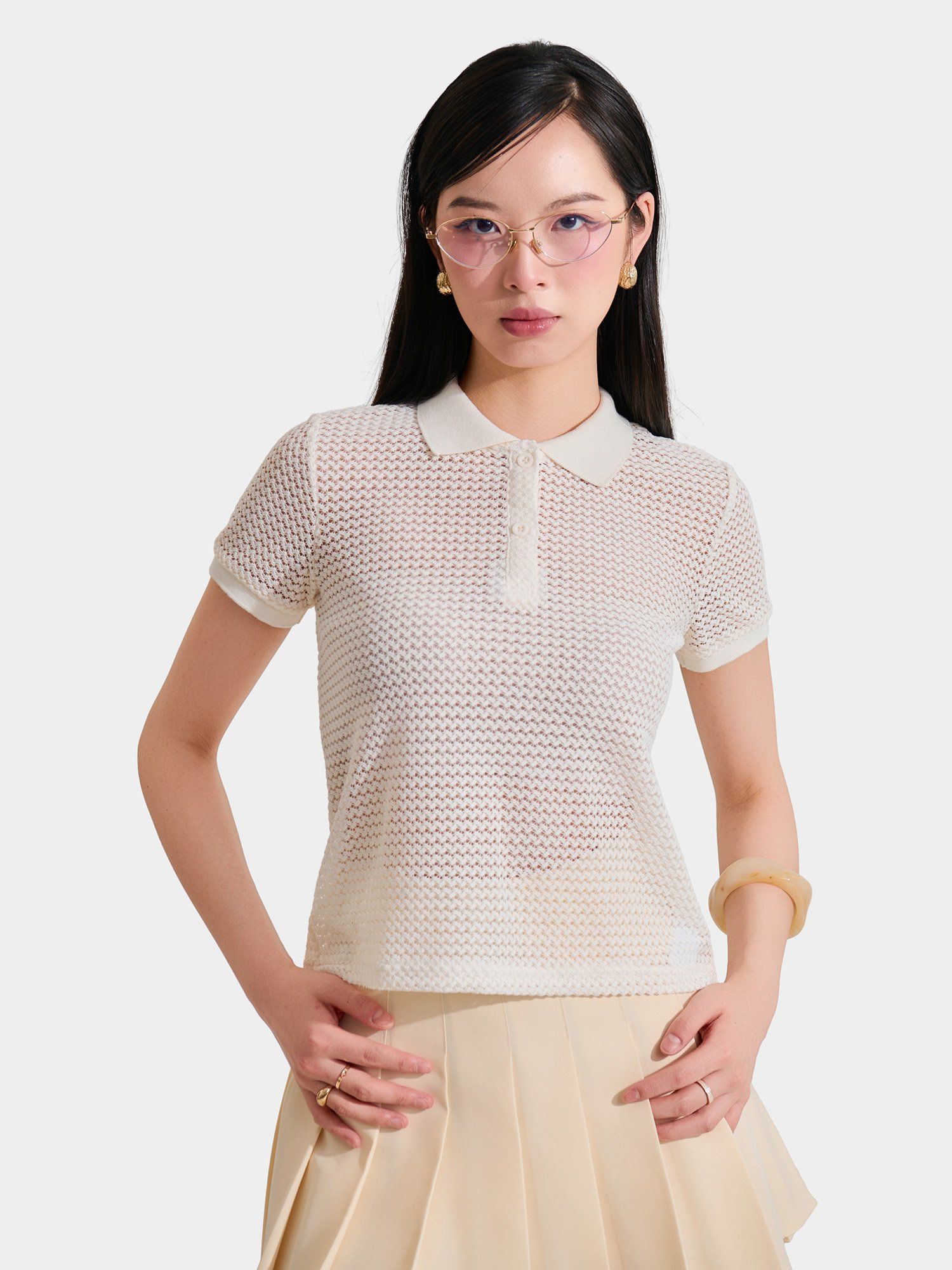 Áo thun polo dệt kim form cơ bản màu kem
