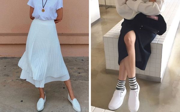 Chân váy kết hợp giày slip on nữ tính