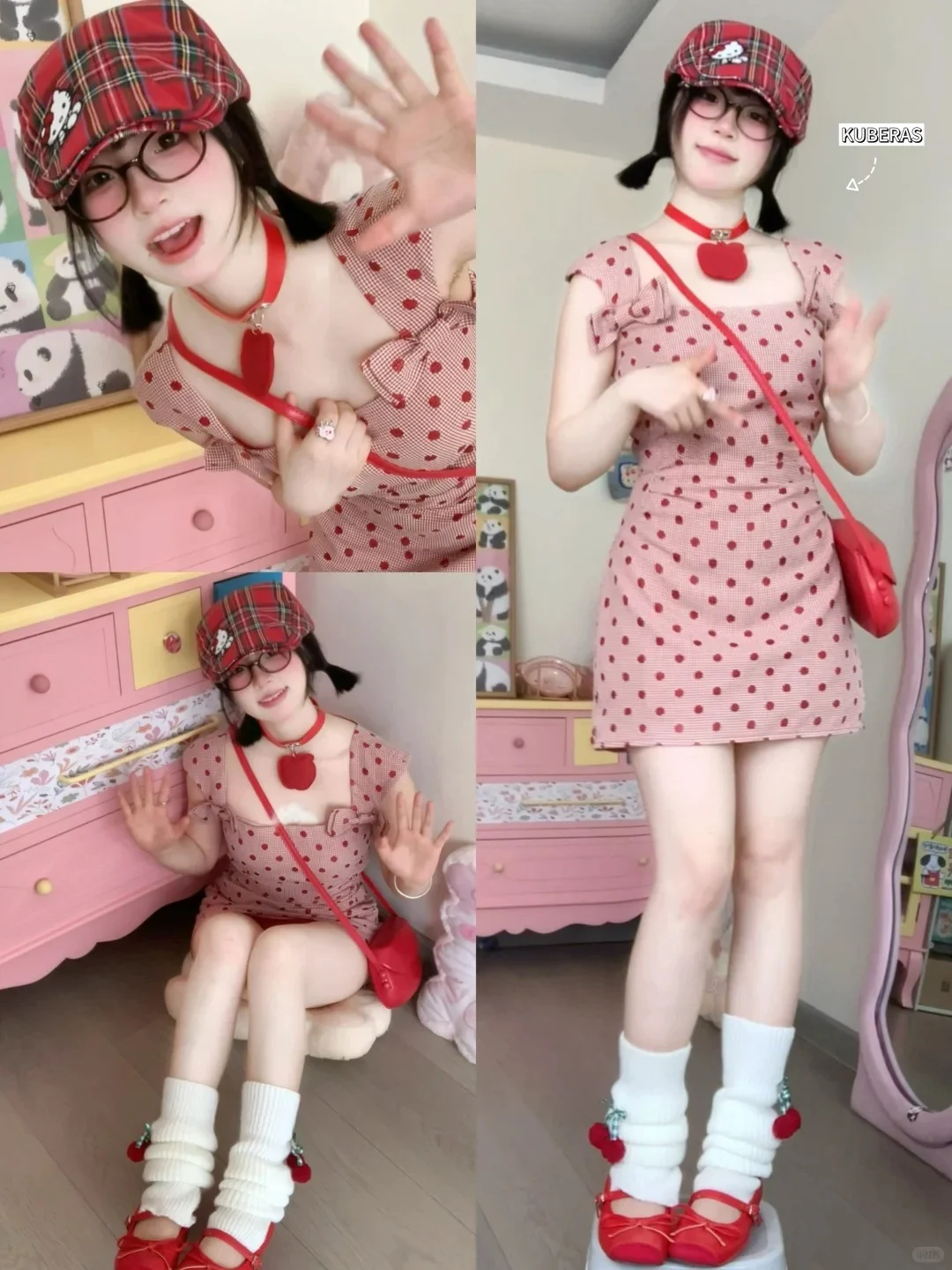 Váy suông hồng chấm bi kết hợp giày Mary Jane và mũ beret