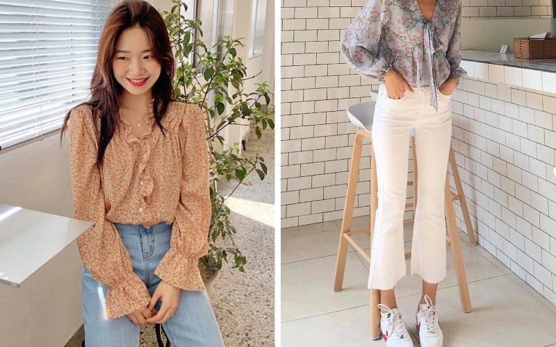 Áo Blouse phối cùng quần jeans cạp cao