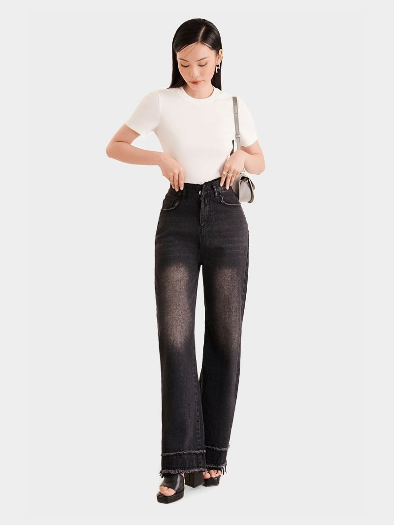 Quần ống suông lưng cao dây kéo sau