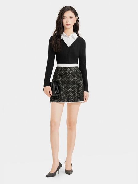 Váy mini tweed form A phối viền phối cùng áo thun tay dài