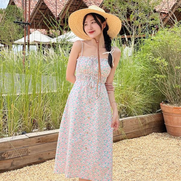 Đầm hoa mini 2 dây cột nơ
