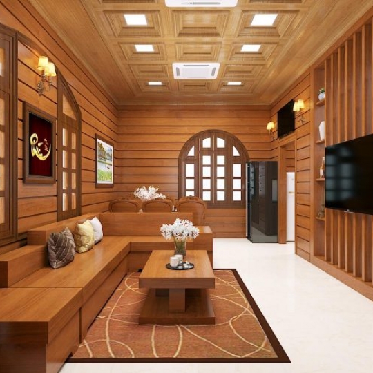 Phòng khách nội thất gỗ màu nâu đất