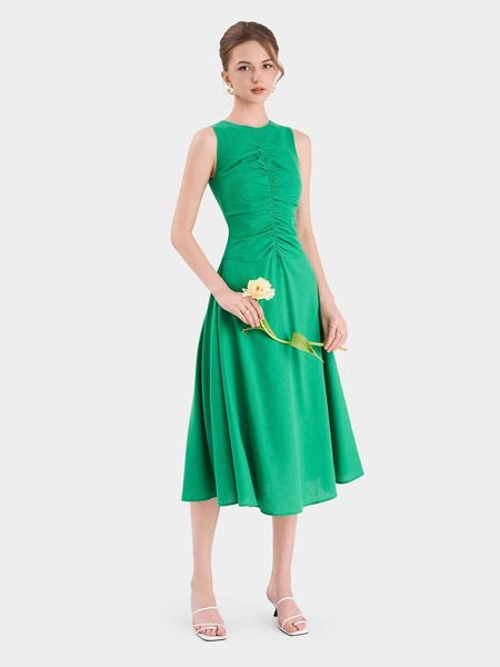 Đầm midi linen sát nách mùa hè thiết kế thanh lịch