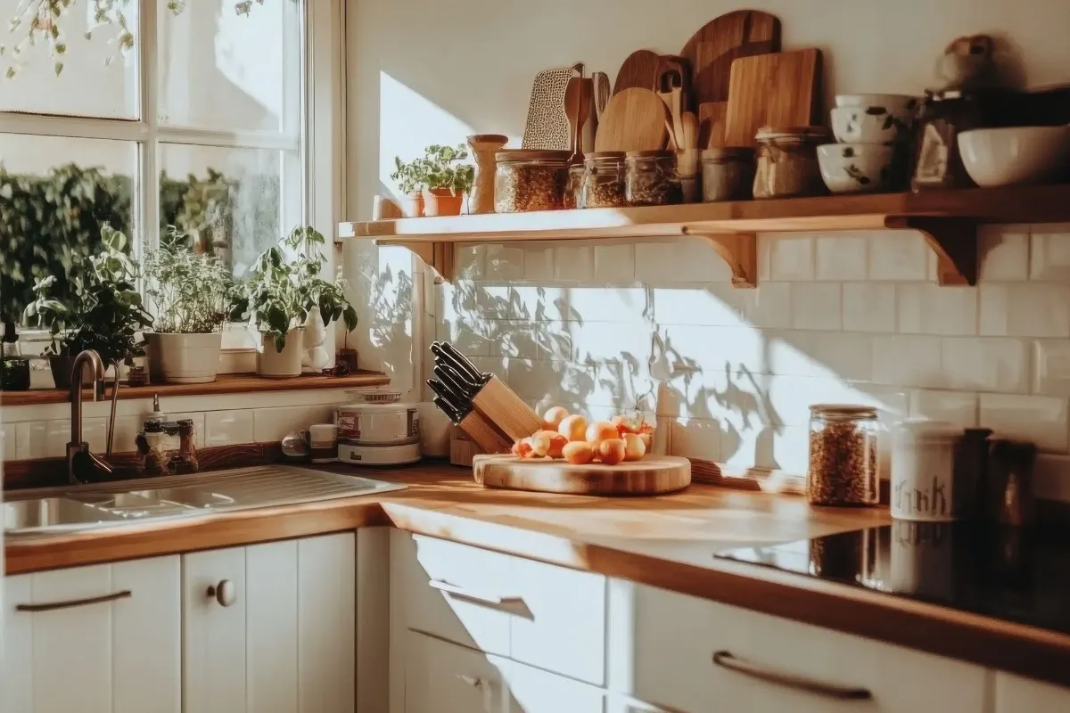 Nhà bếp sáng sủa có cửa sổ đưa nắng vào phòng