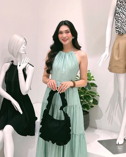 Đầm midi cổ yếm thắt dây sau cho mùa thu nữ