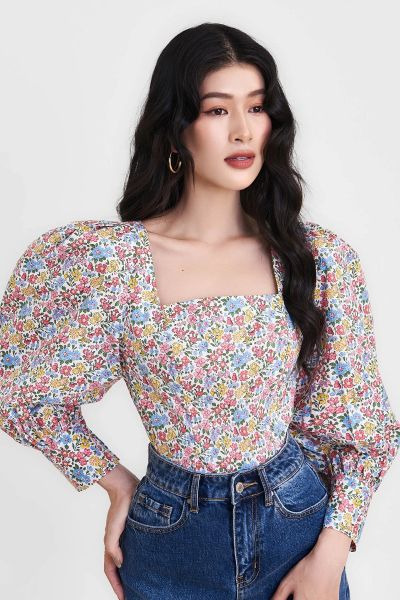 Áo cổ vuông tay bồng nữ tính
