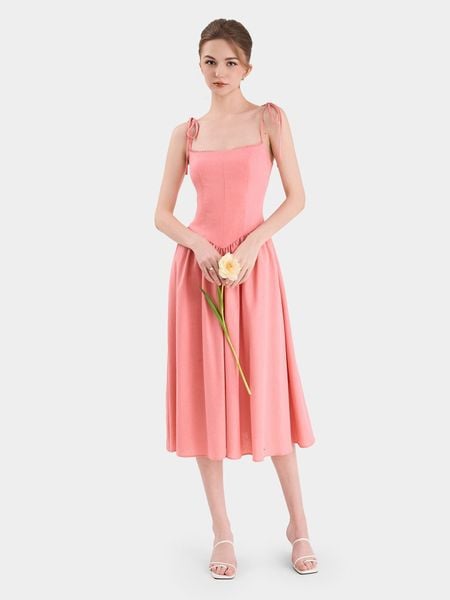 Đầm midi linen 2 dây thắt nơ vai nữ tính cho mùa hè