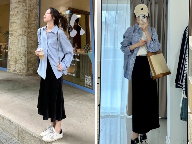 Áo sơ mi phối váy midi